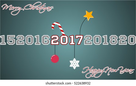 Merry Christmas and Happy New Year Vector Greeting Card Digits Star Snowflake Xmas Ball Candy Postcard