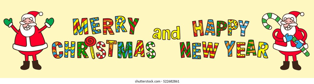 Merry Christmas and Happy New Year funny postcard with drawn text and Santa Claus.