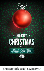 Merry Christmas and Happy New Year message on dark background. Christmas related ornaments objects on color background. Greeting Card Ready for your design. Vector Illustration.