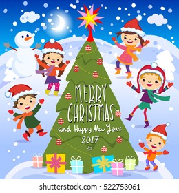 Merry Christmas And Happy New Year. 2017. Winter fun. Cheerful kids playing in the snow. Stock vector illustration of a group of happy children in red Santa hat 