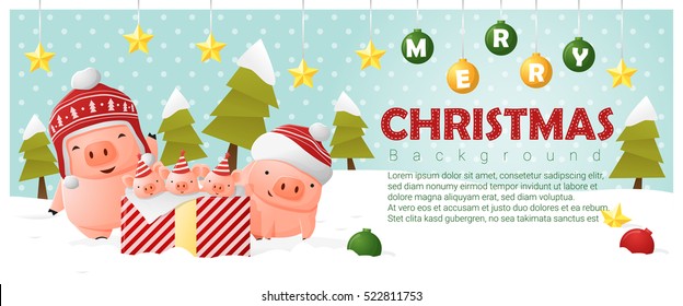 Merry Christmas and Happy New Year background with pig family , vector , illustration