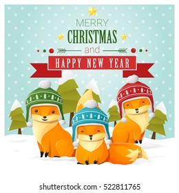 Merry Christmas and Happy New Year greeting card with fox family , vector , illustration