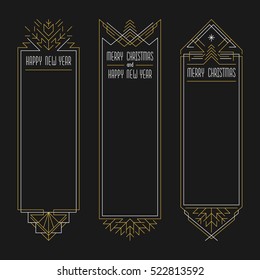 Merry Christmas and Happy New Year text. Art deco frames in outline style. 2017 Xmas banners in golden and white colors.