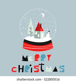 Merry Christmas Happy New Year card. Scandinavian christmas design. Vector illustration. Snowman, winter forest, gifts. Snow globe