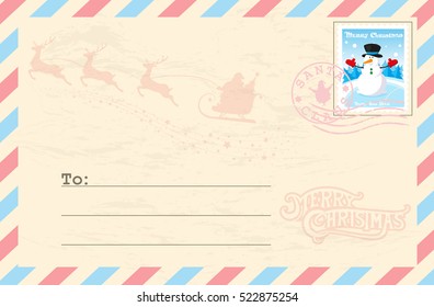 Merry Christmas and Happy New Year postcard with postage stamp. Cute Snowman outdoor. Silhouette Santa Claus in sleigh with deers. Funny cartoon style. Vintage paper. Vector illustration