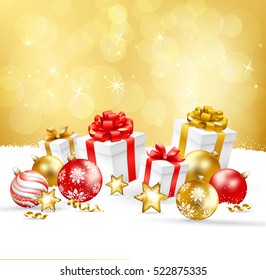 Merry Christmas and Happy New Year greeting illustration with Christmas balls, gift boxes and snow. Vector illustration.