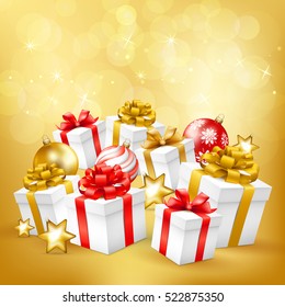 Merry Christmas and Happy New Year greeting illustration with Christmas balls, gift boxes. Vector illustration.