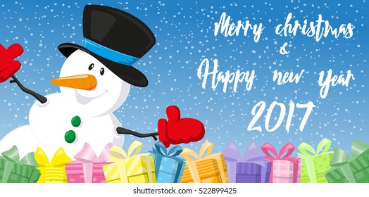 Merry Christmas and Happy New Year 2017 banner. Cute snowman in hat and gift boxes on background snowflakes. Hand drawn. Cartoon style. Concept design poster, greeting card, flyer. Vector illustration