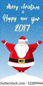 Merry Christmas and Happy New Year 2017 banner. Cute Santa Claus on background snowflakes. Hand drawn lettering. Cartoon style. Concept design poster, greeting card or flyer. Vector illustration.