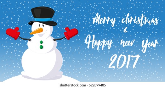 Merry Christmas and Happy New Year 2017 banner. Cute snowman in hat on background snowflakes. Hand drawn lettering. Cartoon style. Concept design poster, greeting card or flyer. Vector illustration