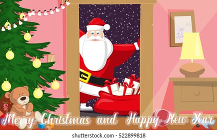 Merry Christmas and Happy New Year background. Cute Santa Claus with bag gift boxes enter inside kids room in door. Concept design holiday poster, banner, flyer, greeting cards. Cartoon style. Vector