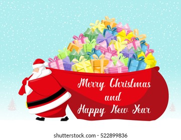 Merry Christmas and Happy New Year banner. Cute Santa Claus goes with big red bag gift boxes on background snowflakes. Cartoon style. Concept design poster, greeting card or flyer. Vector illustration