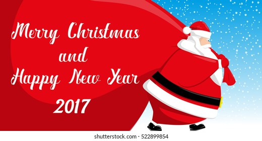 Merry Christmas and Happy New Year 2017 banner. Cute Santa Claus with big red bag on background snowflakes. Cartoon style. Concept design poster, greeting card or flyer. Vector illustration
