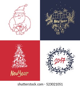 Merry Christmas and happy New Year. Hand drawn vintage style. Postcard, printed matter, greeting card, badges, stickers, website design, labels, internet marketing. Flat design vector illustration.