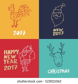 Merry Christmas and happy New Year. Hand drawn vintage style. Postcard, printed matter, greeting card, badges, stickers, website design, labels, internet marketing. Flat design vector illustration.