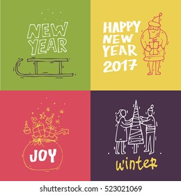 Merry Christmas and happy New Year. Hand drawn vintage style. Postcard, printed matter, greeting card, badges, stickers, website design, labels, internet marketing. Flat design vector illustration.