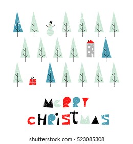 Merry Christmas Happy New Year card. Scandinavian christmas design. Vector illustration. Snowman, winter forest, gifts.