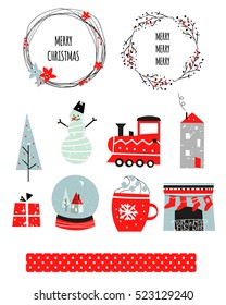 Merry Christmas Happy New Year set. Scandinavian christmas design. Vector illustration. Snowman, winter forest, gifts, Snow globe, fireplace, cocoa, marshmallow, steam train, cup, Christmas tree