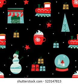 Merry Christmas Happy New Year seamless pattern. Scandinavian design. Vector illustration. Snowman, winter forest, gifts, Snow globe, fireplace, cocoa, marshmallow, steam train, cup, Christmas tree