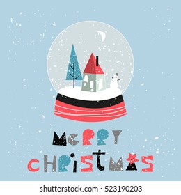 Merry Christmas Happy New Year card. Scandinavian christmas design. Vector illustration. Snowman, winter forest, gifts. Snow globe