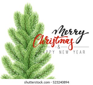 Merry Christmas and happy new year. Christmas background with fir branches. Greeting card and banner. Vector illustration