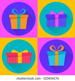 Merry Christmas and Happy New Year 2017 gift boxes. Set of four flat colored icons. Presents. Vector illustration