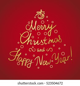 Merry Christmas and happy new year handmade lettering golden inscription with swirls and xmas tree decoration and ornaments isolated on red background. Xmas decoration for greeting card