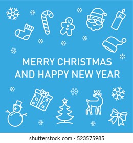 Merry Christmas And Happy New Year Greeting Card Vector Line Icon Illustration Collage 