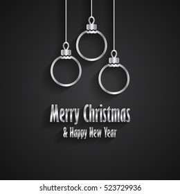 Merry Christmas and Happy New Year greeting card with three silver Christmas toys and snow