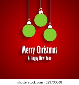 Merry Christmas and Happy New Year greeting card with three green Christmas toys