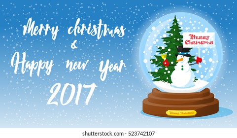 Merry Christmas and Happy New Year 2017 banner. Cute glass Snow Globe souvenir. Snowflakes, christmas tree and funny Snowman. Cartoon style. Concept poster, flyer, greeting card. Vector illustration