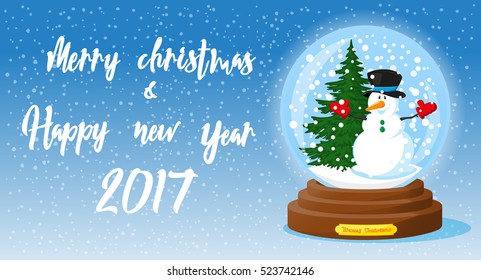 Merry Christmas and Happy New Year 2017 banner. Cute glass Snow Globe souvenir. Snowflakes, christmas tree and funny Snowman. Cartoon style. Concept poster, flyer, greeting card. Vector illustration