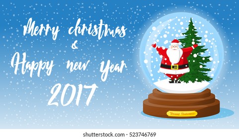 Merry Christmas and Happy New Year 2017 banner. Cute glass Snow Globe souvenir. Snowflakes, christmas tree, funny Santa Claus. Cartoon style. Concept poster, flyer, greeting card. Vector illustration