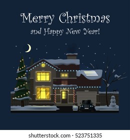 Merry Christmas and Happy New Year. Family house at night. Winter. Hearth and home. Flat design. For your project. Vector Illustration.