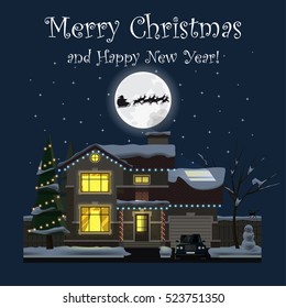 Merry Christmas and Happy New Year. Family house at night. Winter. Hearth and home. Flat design. For your project. Vector Illustration.