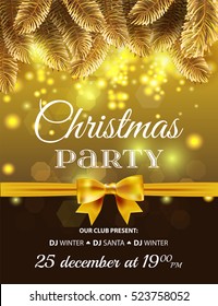 Merry Christmas and Happy New Year Greeting card with golden bow, fir tree and copy space. Christmas Party poster design template. Vector illustration EPS10