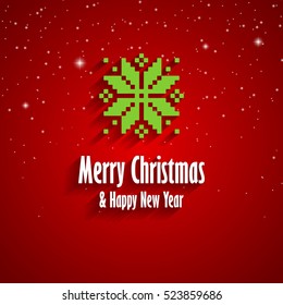 Merry Christmas and Happy New Year red greeting card with green snowflake and snow