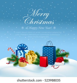 Merry Christmas and Happy New Year congratulation on blue snowy background, Fir-tree branches, gift boxes and bags with bows of ribbon in snow vector illustration. Winter holidays concept.