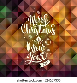 Merry Christmas and Happy New Year. Lettering. Vector Abstract Geometric Background