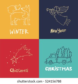 Merry Christmas and happy New Year. Hand drawn vintage style. Postcard, printed matter, greeting card, badges, stickers, website design, labels, internet marketing. Flat design vector illustration.