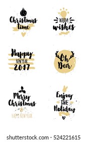Merry Christmas. Happy New Year. Typography set. Vector logo, emblems, text design usable for banners, greeting cards, gifts etc. Vector elements