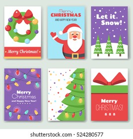 Merry Christmas and Happy New Year greeting card set, flat design.