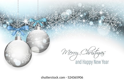 Merry Christmas and Happy New Year vector illustration with hanging baubles, bow, snow, snowflakes and glitter.