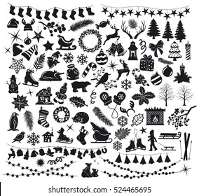 Merry Christmas and Happy New Year winter set collection of silhouettes with xmas animals, food, branches, foliage, fireplace, garlands, snowflakes, cookies, sleds, sleighs, wreaths, skates in black