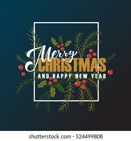 "Merry Christmas & Happy New Year" greeting card. Lettering celebration logo. Typography which is connected with winter holidays. Calligraphic poster on textured background. Postcard motive.
