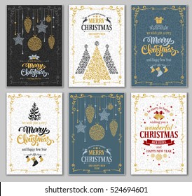 Merry Christmas and Happy New Year greeting cards designs set. Vector graphic in unusual style. Easy for edit and use.