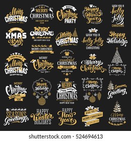 Merry Christmas and Happy New Year typography designs set on black background. Vector illustration.