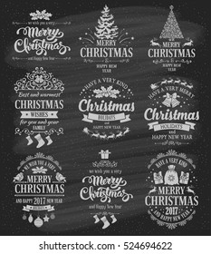 Merry Christmas and Happy New Year typography designs set on black chalkboard background. Vector illustration.