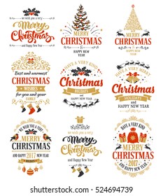 Merry Christmas and Happy New Year typography designs set isolated on white background. Vector illustration.