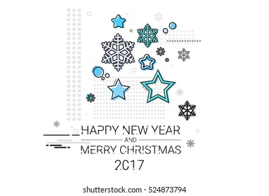 Merry Christmas Happy New Year Simple Line Sketch Banner Card Outline Vector Illustration